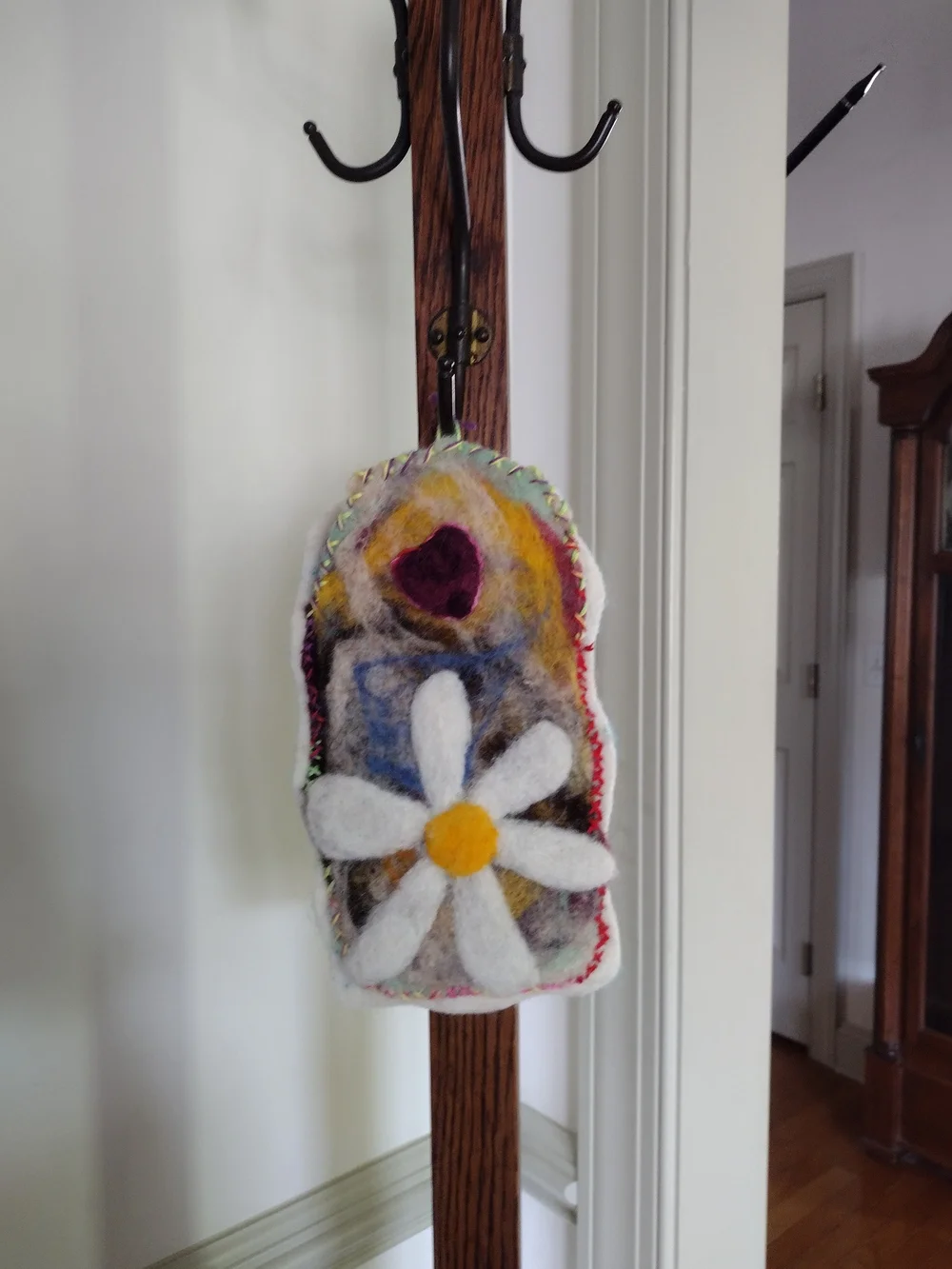 Handcrafted Felted Wool Daisy Pouch/Pocket - White & Yellow Flower